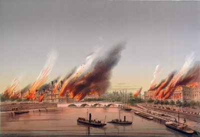 1871年5月24日のチュイルリーとコンシールデタットの燃焼中にセーヌ川に係留された砲艦「ラファーシー」 作： Charles Leduc